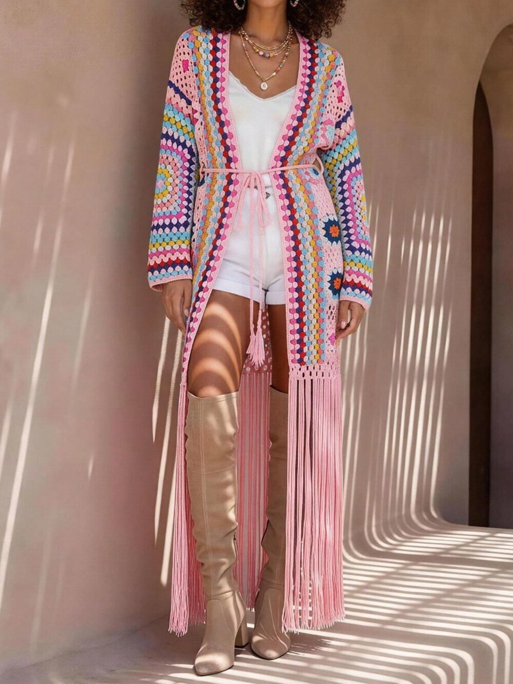 Pink Women's floral crochet Fringed cardigan coverup